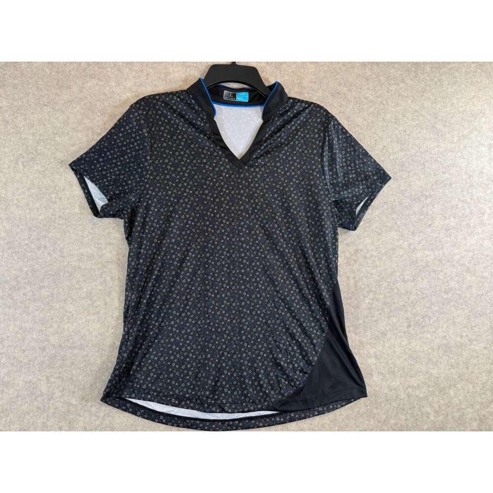 PGA Tour Women's Golf Polo Shirt L Large Black V-Neck Short Sleeve Dot Print